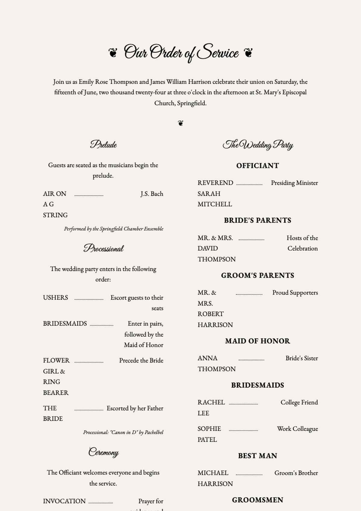 Elegant wedding ceremony program with musical selections and participant roles_variant_2